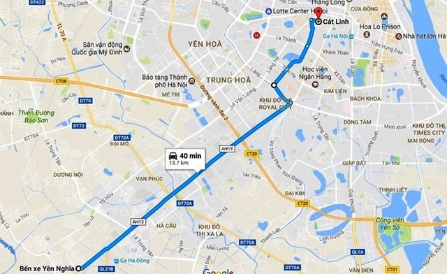 
Lộ trình tuyến đường sắt đô thị Cát Linh - Hà Đông. Ảnh: Google Maps.
