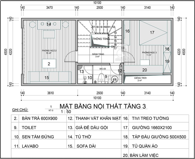 Mặt bằng bố trí nội thất tầng 3.