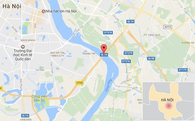 Va chạm xảy ra tại đoạn giữa cầu Thanh Trì (chấm đỏ). Ảnh: Google Maps.