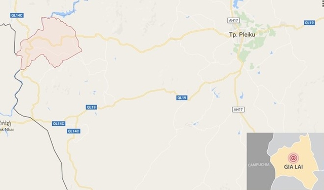 
Xã Ia O (màu hồng) nơi xảy ra vụ việc thương tâm. Ảnh: Google Maps.
