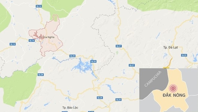 Thị xã Gia Nghĩa (màu hồng) nơi xảy ra sự việc. Ảnh: Google Maps.