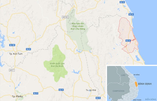 Vòng đỏ là huyện Hoài Nhơn (Bình Định), nơi xảy ra vụ trộm vàng. Ảnh: Google Maps.