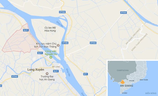 
Sới bạc ở phường Bình Đức (màu đỏ), TP Long Xuyên. Ảnh: Google Maps.
