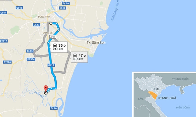 Vị trí xảy ra vụ sập cầu cách TP Thanh Hóa gần 25 km. Ảnh: Google Maps.