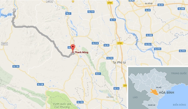 Xã Thanh Nông (ô đỏ) nơi xảy ra vụ việc cách TP Hoà Bình khoảng 60 km. Ảnh: Google Maps.
