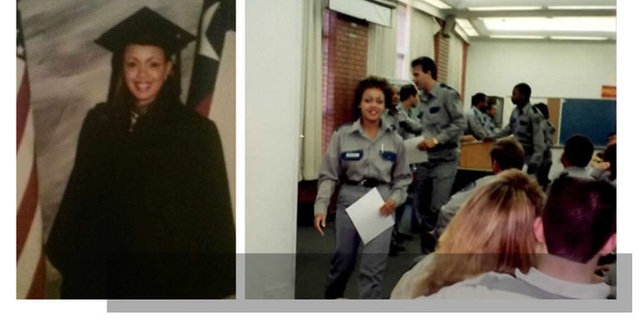 
Trecivia khi làm việc tại Trại giam Texas (phải) và khi nhận bằng tốt nghiệp cử nhân luật hình sự (trái).
