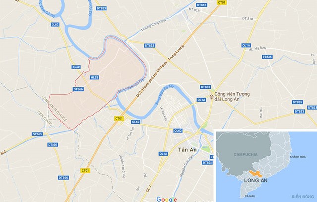  X&atilde; Mỹ Ph&uacute;, huyện Thủ Thừa , Long An, nơi xảy ra tai nạn. Ảnh: Google Maps.