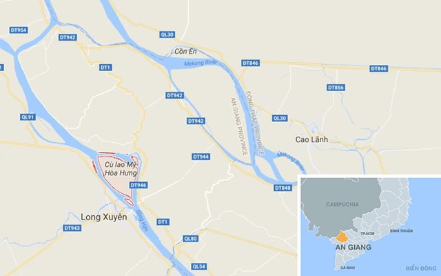 
X&atilde; Mỹ H&ograve;a Hưng (m&agrave;u đỏ) ở An Giang. Ảnh: Google Maps.
