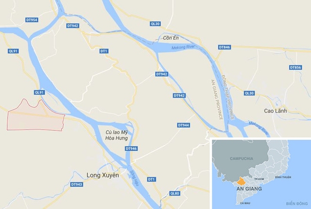 
Xã Hòa Bình (màu đỏ), huyện Châu Thành (An Giang). Ảnh: Google Maps.
