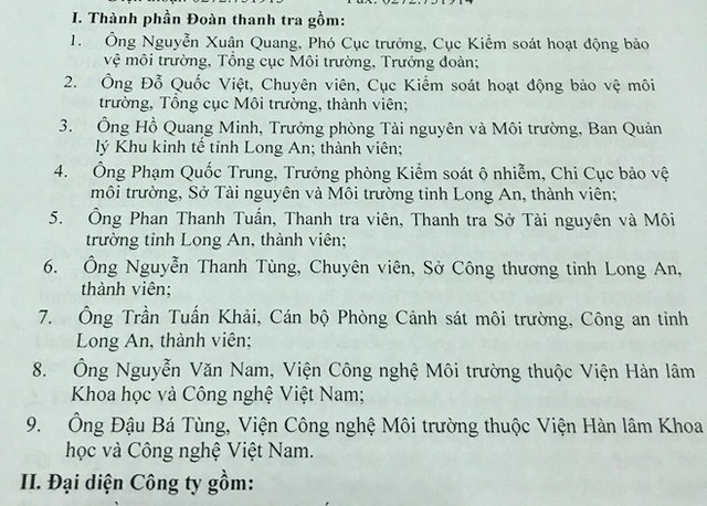 Danh s&aacute;ch đo&agrave;n thanh tra l&agrave;m việc tại Long An. Ảnh: &Aacute;i Loan.
