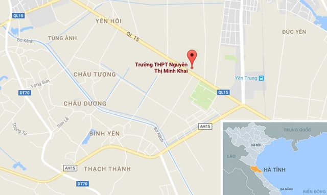 Trường THPT Minh Khai, thị trấn Đức Thọ, huyện Đức Thọ (Hà Tĩnh), nơi nữ sinh xuất hiện trong clip theo học. Ảnh: Google Maps.