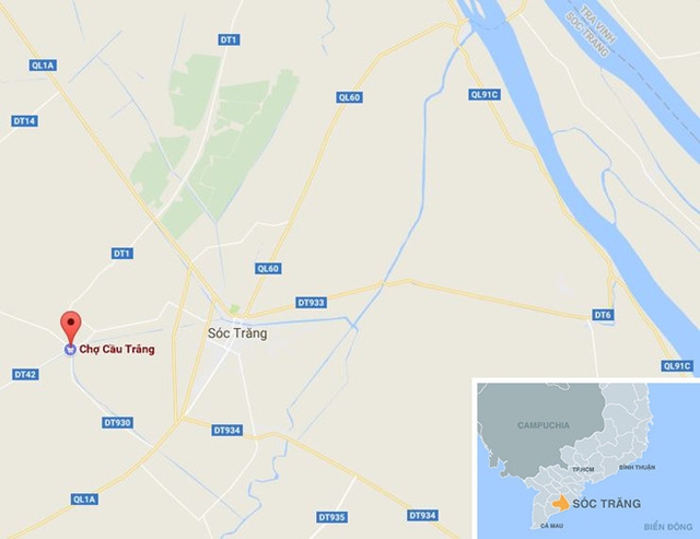 
Chợ Cầu Trắng (chấm đỏ) ở Sóc Trăng. Ảnh: Google Maps.
