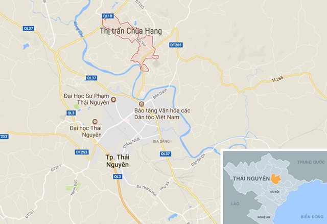 
Thị trấn Chùa Hang cách trung tâm TP Thái Nguyên khoảng 3 km về phía Bắc . Ảnh:Google Maps.
