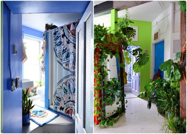 Không gian phòng tắm được chọn lựa hai gam màu đơn giản là xanh da trời và màu trắng. Những tấm rèm hay thảm trải sàn của phòng tắm cũng được lựa chọn vô cùng khéo léo và tỉ mẩn của cây xanh.