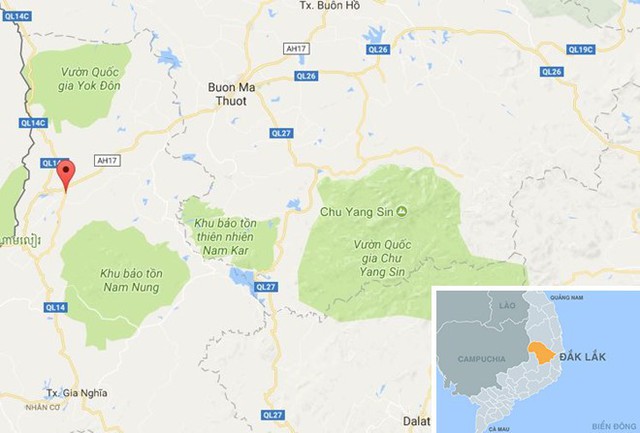 
Xã Đắk Sắk (chấm đỏ) ở Đắk Nông. Ảnh: Google Maps.
