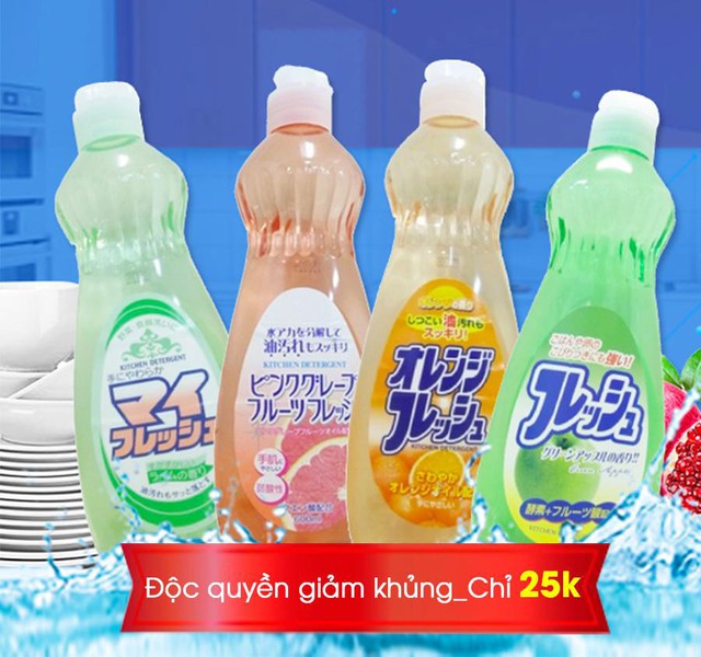 Nước rửa bát kem rửa hoa quả hữu cơ nhập khẩu Nhật Bản có 4 mùi hương bưởi, táo, cam và chanh và đang được giảm giá chỉ còn 25.000 đồng mỗi chai.