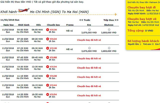 Một số chuyến bay giờ đẹp sau 23 tháng Chạp đã hết vé (ảnh chụp màn hình mua vé online trên trang của VJA)