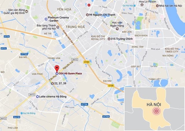 Vụ tai nạn nằm trước cửa t&ograve;a nh&agrave; Hồ Gươm Plaza (chấm đỏ). Ảnh: Google Maps.