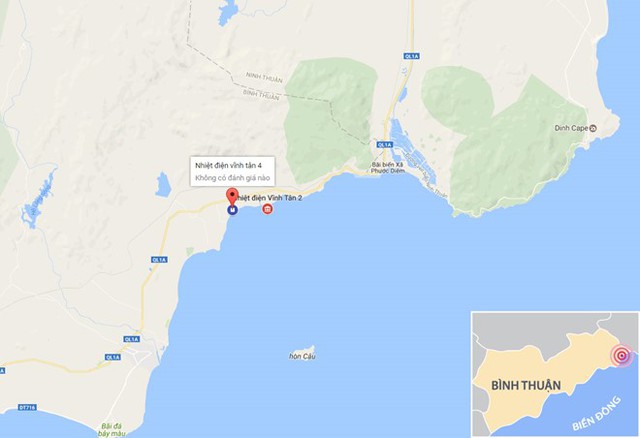 Nhà máy Nhiệt điện Vĩnh Tân 4 đang trong quá trình chạy thử nghiệm. Đồ họa: Thiên Sơn - Google Maps.