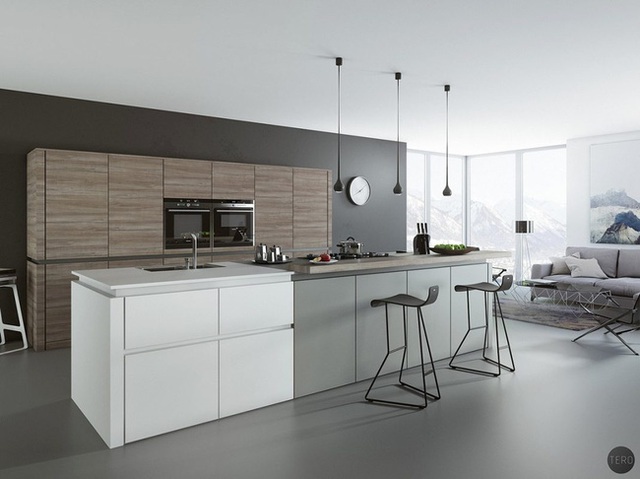 4. Sự kết hợp hoàn hảo giữa những mảng màu xám, trắng và gỗ tự nhiên mang đến một không gian nhà bếp vô cùng cá tính, phong cách.