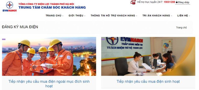 Giao diện dịch vụ đăng ký mua điện hạ áp trên website http://cskh.evnhanoi.com.vn