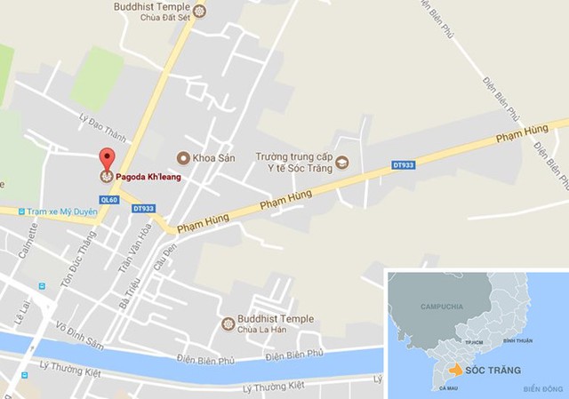 Cổng sau chùa KhLeang cách Bệnh viện Sản - Nhi Sóc Trăng khoảng 300 m. Ảnh: Google Maps.