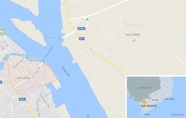 Phường Mỹ Long (màu đỏ) ở An Giang. Ảnh: Google Maps.