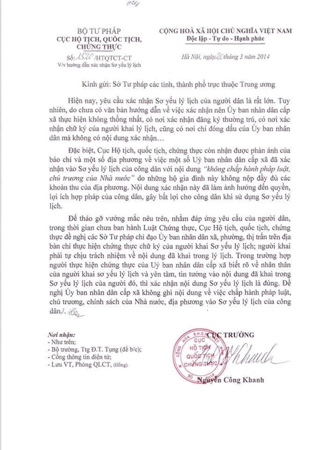 C&ocirc;ng văn hướng dẫn của Bộ Tư ph&aacute;p gửi c&aacute;c địa phương từ 2014 từng nhắc nhở t&igrave;nh trạng x&aacute;c nhận v&agrave;o sơ yếu l&yacute; lịch g&acirc;y ảnh hưởng quyền, lợi &iacute;ch hợp ph&aacute;p của c&ocirc;ng d&acirc;n. 