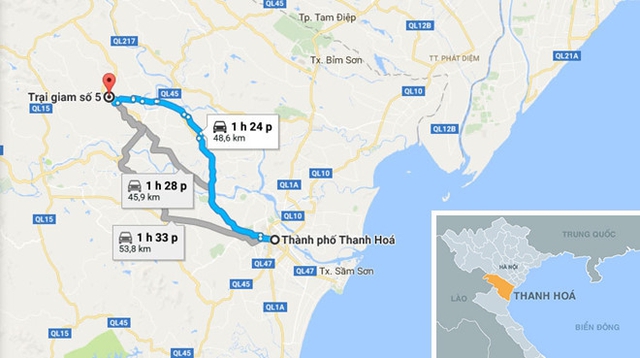 Nơi đàn lợn bị chết trong dòng nước lũ gần Trại giam số 5, cách TP Thanh Hóa hơn 50 km. Ảnh: Google Maps. 