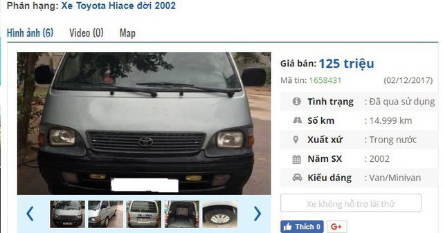 Chiếc Toyota Hiace đời 2002 màu xanh này có giá 125 triệu đồng tại chợ ô tô cũ. Được biết, xe máy nổ êm, điều hòa tốt, có thể đi mọi giờ trong phố Hà Nội mà không bị cấm. Ngoài ra, khách mua cũng có thể lăn bánh luôn.