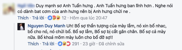 
Tuy nhiên, dưới phần bình luận Duy Mạnh sử dụng từ ngữ khá mạnh bạo để trò chuyện cùng cư dân mạng.
