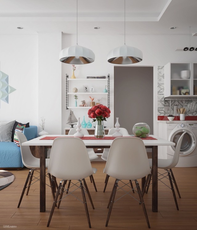 6. Phòng ăn với thiết kế đối xứng, đều là ghế trắng hai bên đầu bàn và hai bên sườn bàn đều là những chiếc ghế xanh cùng loại. Thiết kế cửa kính, rèm chớp và rèm buông sát đất giúp tận dụng tối đa ánh sáng tự nhiên bên ngoài.