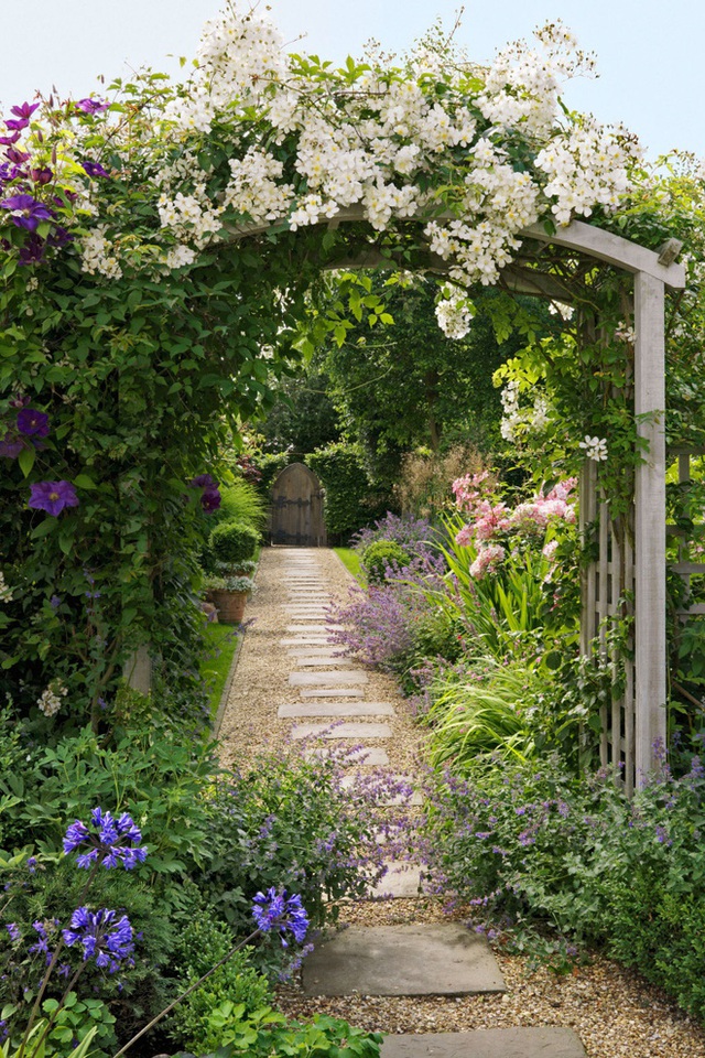 6. Lối đi vào sân vườn sẽ đẹp hơn khi bạn trồng thêm hoa leo trước cổng, hoa với màu sắc tươi mới sẽ giúp cho khu vườn vốn quen thuộc trở nên nổi bật hơn.