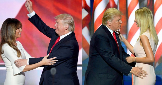 
Hai bức ảnh trong cùng một sự kiện khi ông Trump tiến lại gần hai người phụ nữ của mình.
