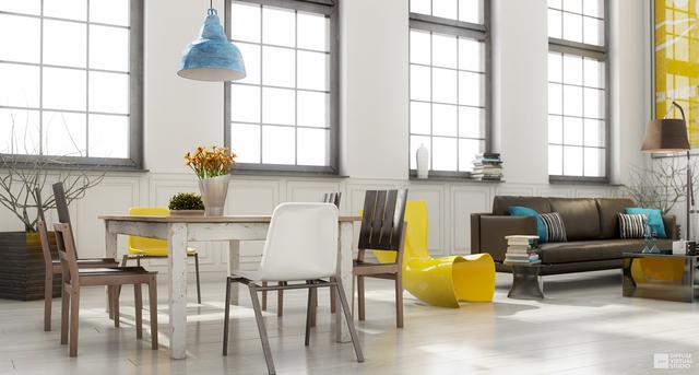 7. Thiết kế mở với các đồ nội thất thiết kế hiện đại, nhưng bề mặt bàn ăn lại mang chút gì đó cũ kỹ, mộc mạc tạo nên một phong cách hấp dẫn. Màu vàng của ghế và xanh dương của đèn thu hút sự chú ý bớt đi sự tẻ nhạt của gam màu trung tính.