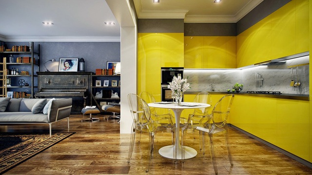 So sánh hai không gian sinh hoạt thì bạn có thể thấy được vẻ nổi bật, đầy sức sống của căn phòng bếp màu vàng.