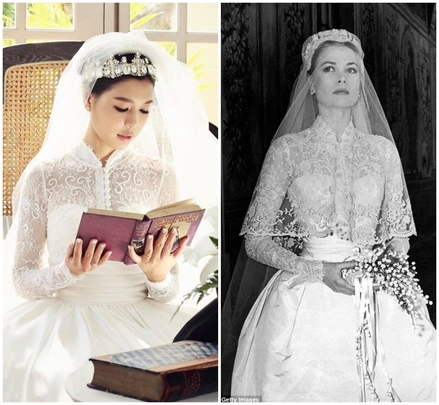 
Bộ đầm cưới của Linh Lê có nhiều nét tương đồng với váy cưới của Công nương Grace Kely.
