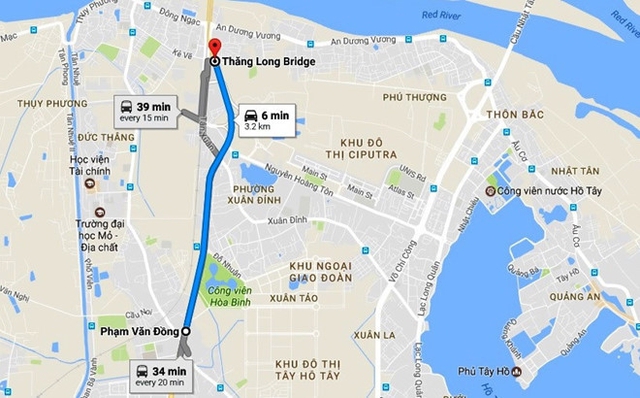 Tuyến đường Phạm Văn Đồng từ cầu Mai Dịch đến cầu Thăng Long có gần 1.300 cây xanh nằm trong diện di chuyển, chặt hạ. Ảnh: Google Maps.