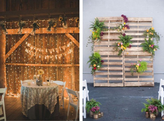 Gỗ pallet sẽ góp thêm phần hoàn hảo cho chủ đề tiệc cưới mang phong cách rustic. Những khung gỗ này có thể được trang trí với những nguyên liệu có màu sắc khác nhau như đèn, lọ thủy tinh, hoa…
