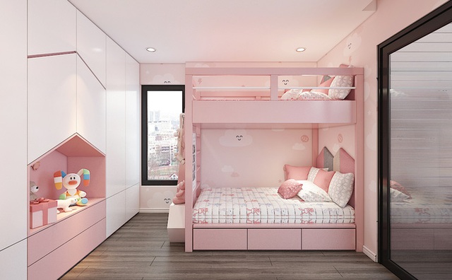 Phòng ngủ con với 2 màu hồng và trắng dễ thương và xinh xắn. Kiểu giường ngủ áp tường này cũng giúp cho căn hộ tiết kiệm diện tích hơn.