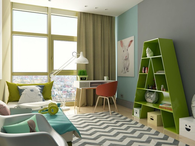 3. Căn phòng ngủ trông vô cùng ấn tượng với gam màu xanh lá mạ.