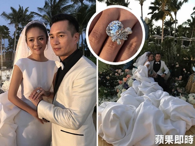 
Cô dâu diện váy cưới của hãng Stéphane Rolland, đeo nhẫn kim cương 10,57 carat, đi giày của thương hiệu Jimmy Choo.
