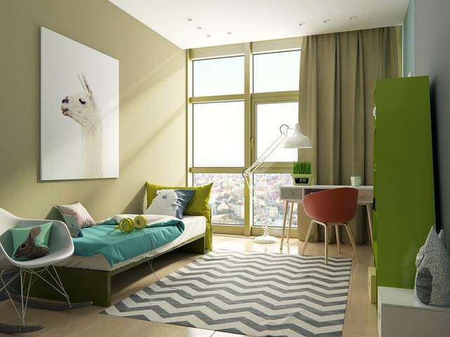 Căn phòng dùng xanh lá mạ ở mức vừa đủ không mang lại cảm giác quá rực rỡ, không làm mất đi vẻ đẹp của căn phòng.