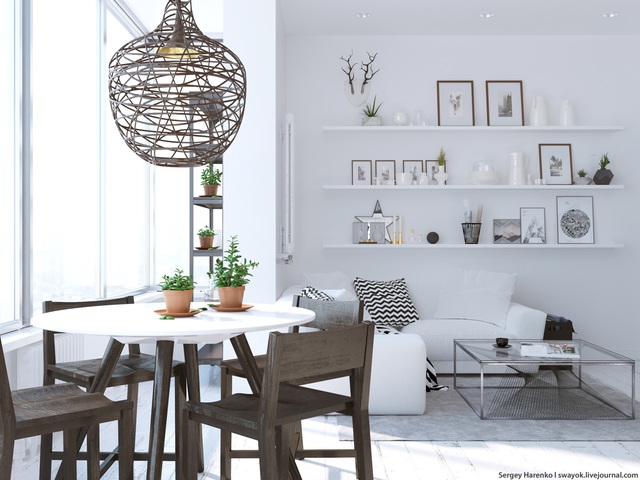 10. Thiết kế độc đáo với chiếc bàn tròn màu trắng hiện đại – kết hợp với những chiếc ghế gỗ màu xám tự nhiên, cộng thêm chiếc đèn treo cá tính khiến cho phòng ăn này trở nên rất lạ mắt.