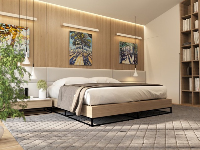 10. Bạn cũng có thể lựa chọn chất liệu gỗ công nghiệp cho những mảng tường trong phòng ngủ như thế này.