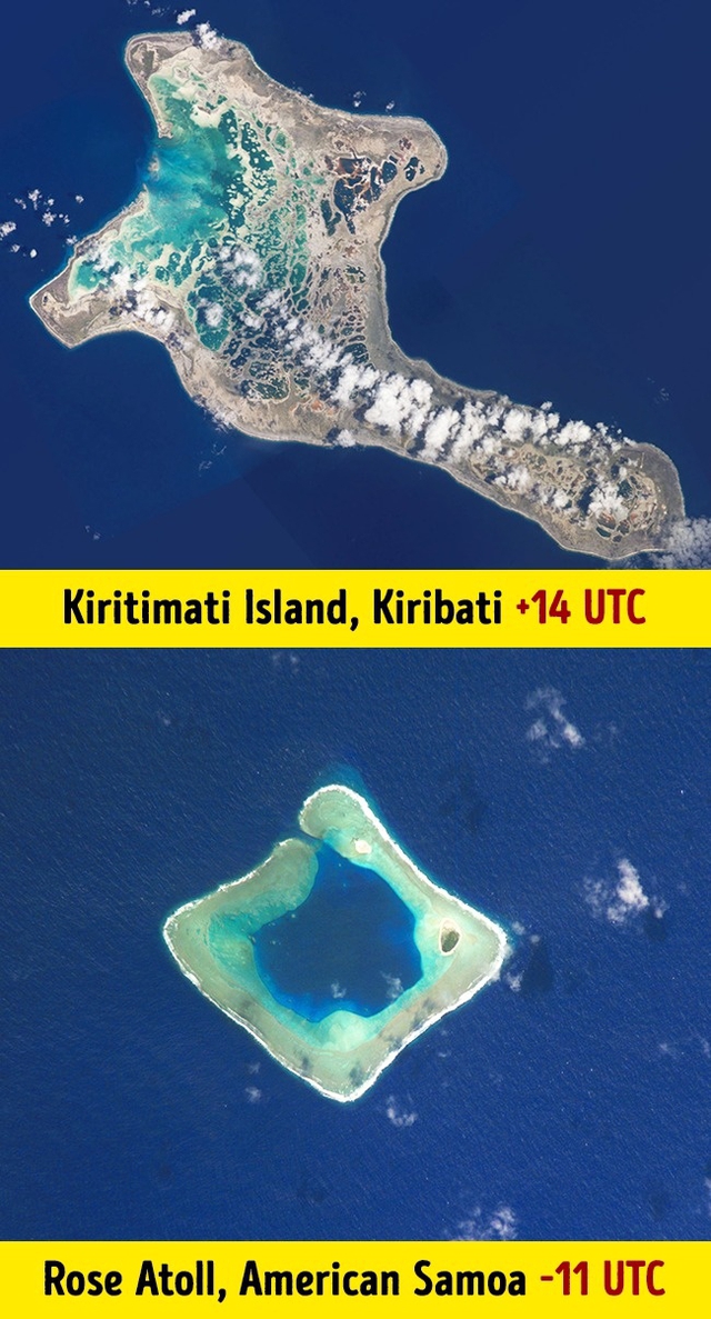 Múi giờ tại đảo Kiritimati, nước Kiribati là  14 UTC, còn múi giờ tại American Samoa là -11 UTC.