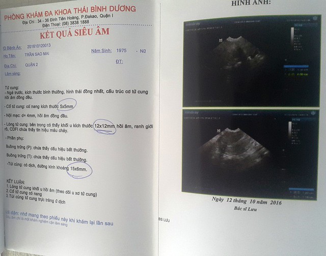 
Kết quả siêu âm của chị Sao Mai tại Phòng khám Đa khoa Thái Bình Dương
