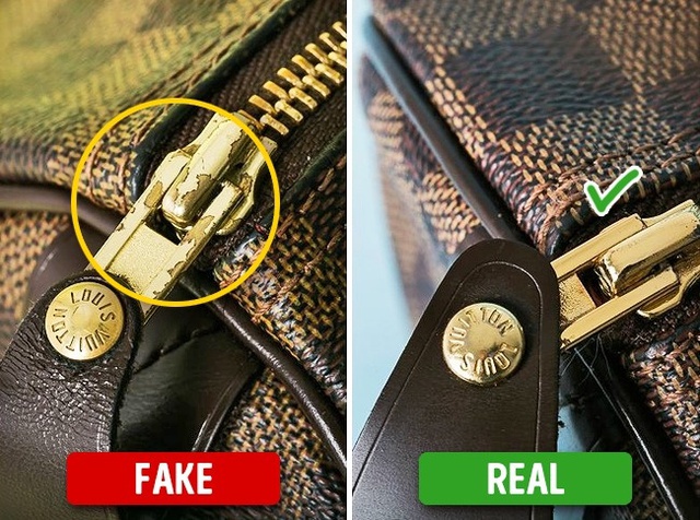 
Ở túi chính hãng - các chi tiết như ổ khóa, khóa kéo trên túi cầm nặng tay vì làm từ kim loại đặc.
