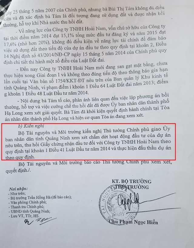 Văn bản số 185/BTNMT-TTr của Bộ TNMT kiến nghị Thủ tướng Chính phủ giao UBND tỉnh Quảng Ninh xem xét chấm dứt dự án, thu hồi giấy chứng nhận đầu tư đối với Công ty Hoài Nam.