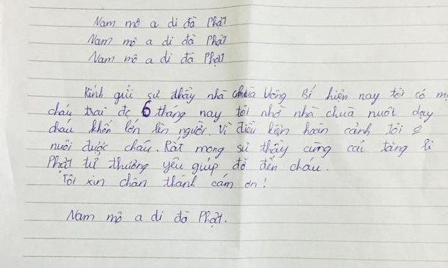 Lá thư của người thân cháu bé nhờ nhà chùa nuôi giúp. Ảnh: H.Nguyễn